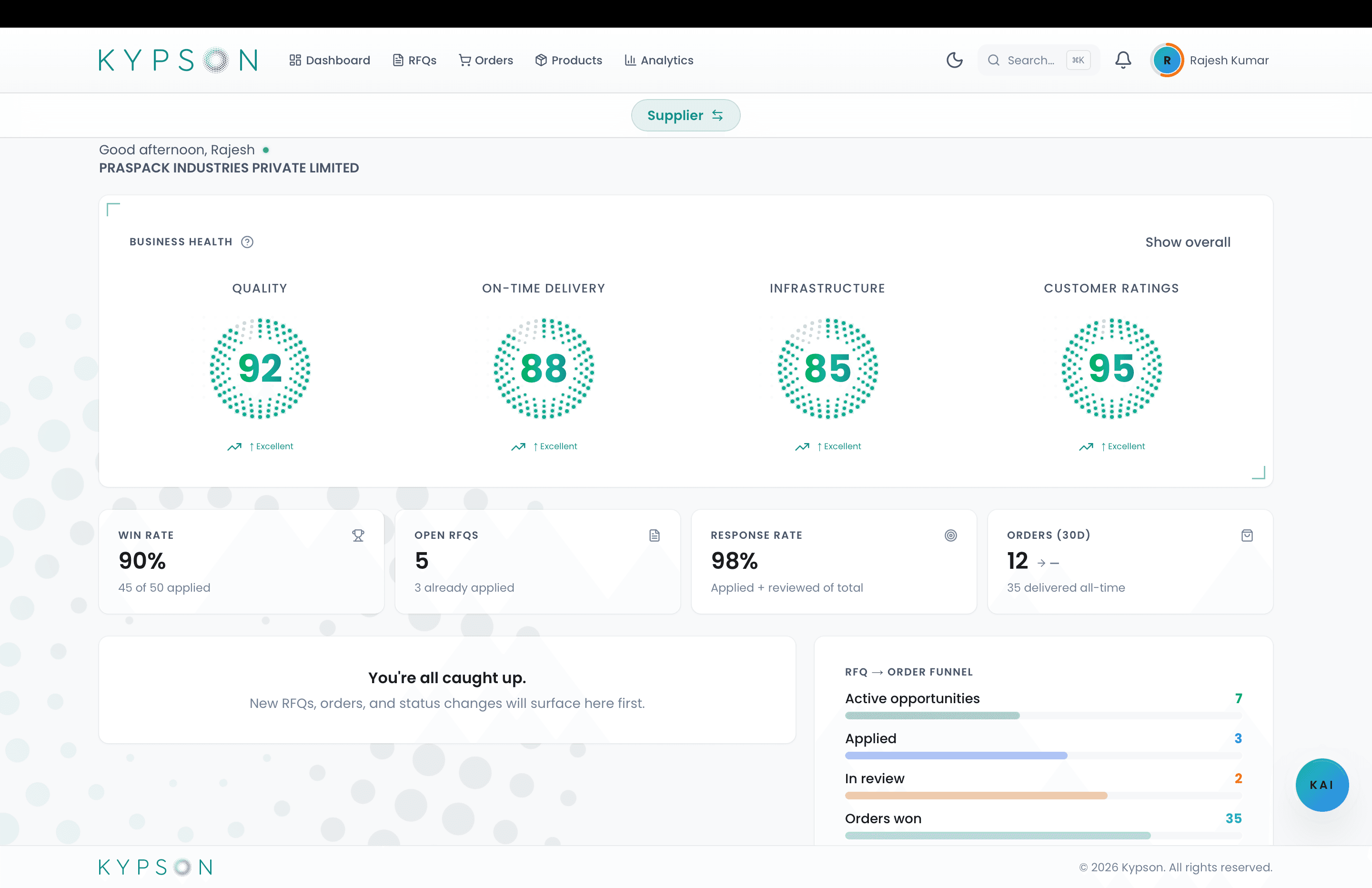 Kypson supplier dashboard and mobile order tracking