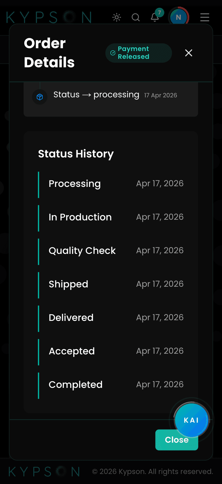 Kypson supplier dashboard and mobile order tracking